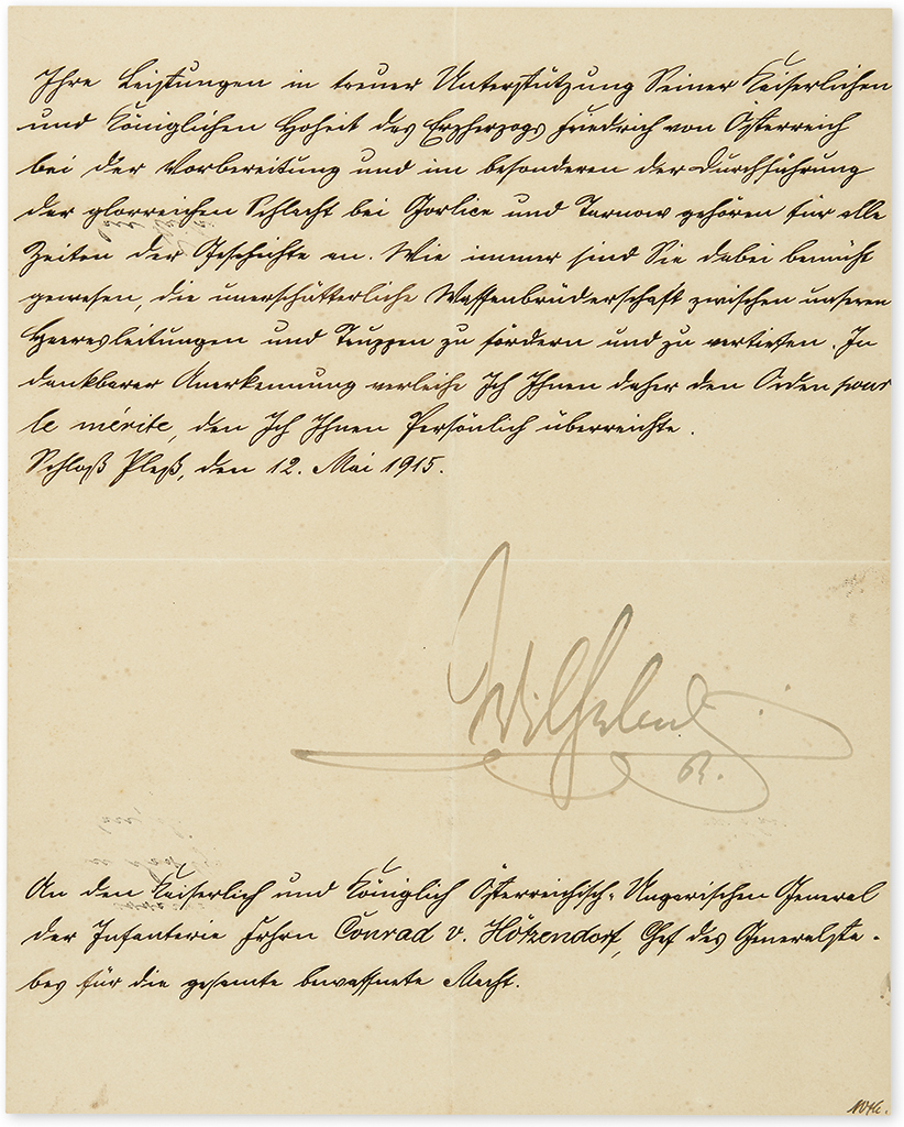 WILHELM II; EMPEROR OF GERMANY. Letter Signed, Wilhelm R., as Emperor, to Count Franz Conrad von Hötzendorf, in German,